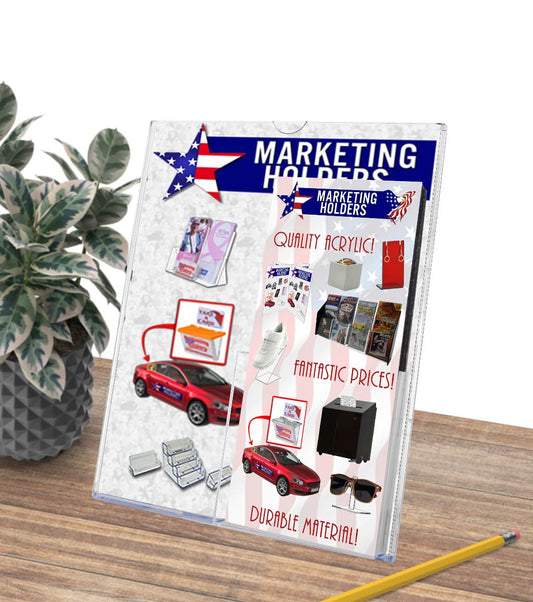 Eight and a half Inch Wide Front Desk Sign with Pamphlet Pocket Slant Back Stand