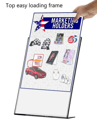 Sign Holder TRU-VU® Table Tent Top Load Wide Base with literature being top loaded