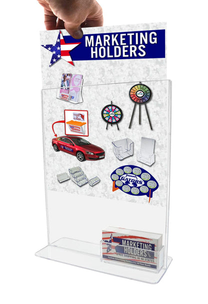 Top Load Eleven Inch High Sign Holder with Business Card Pocket with literature