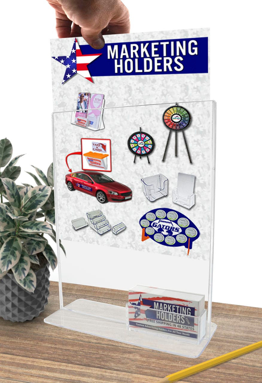 Top Load Sign Holder with Business Card Pocket on desk with literature