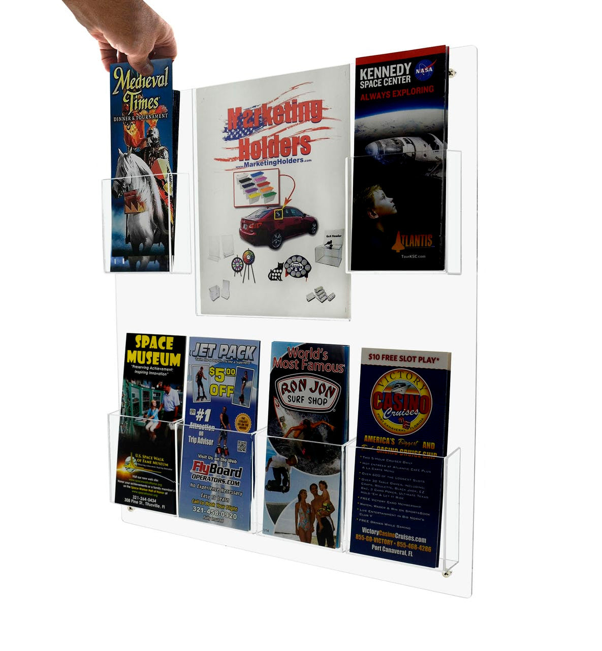 Tri Fold Brochure Literature Holder with Six Pockets Mounting Holes Clear filled with literature and pamphlets