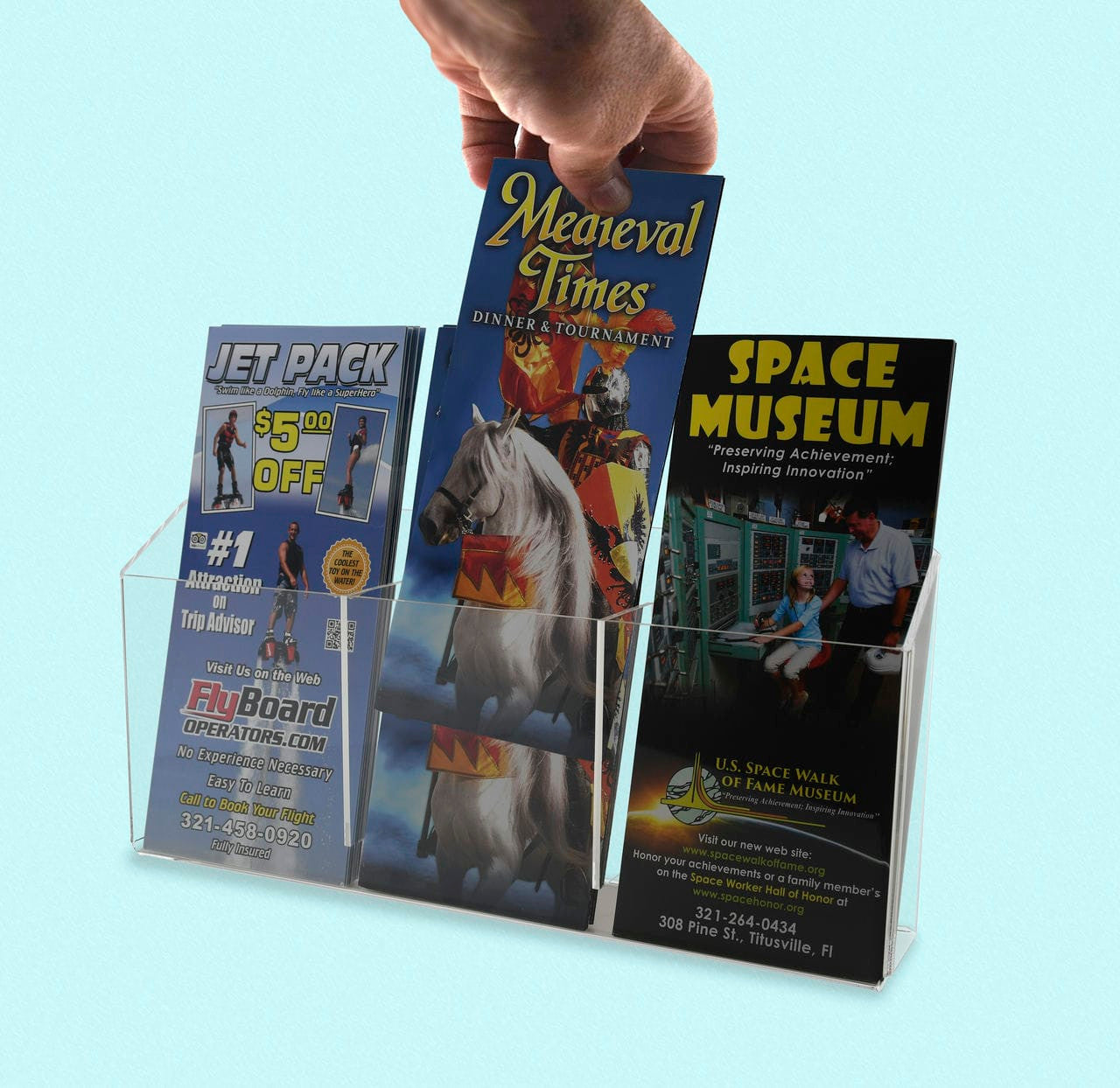 Three Pocket Trifold Literature Wall Mount or Countertop action