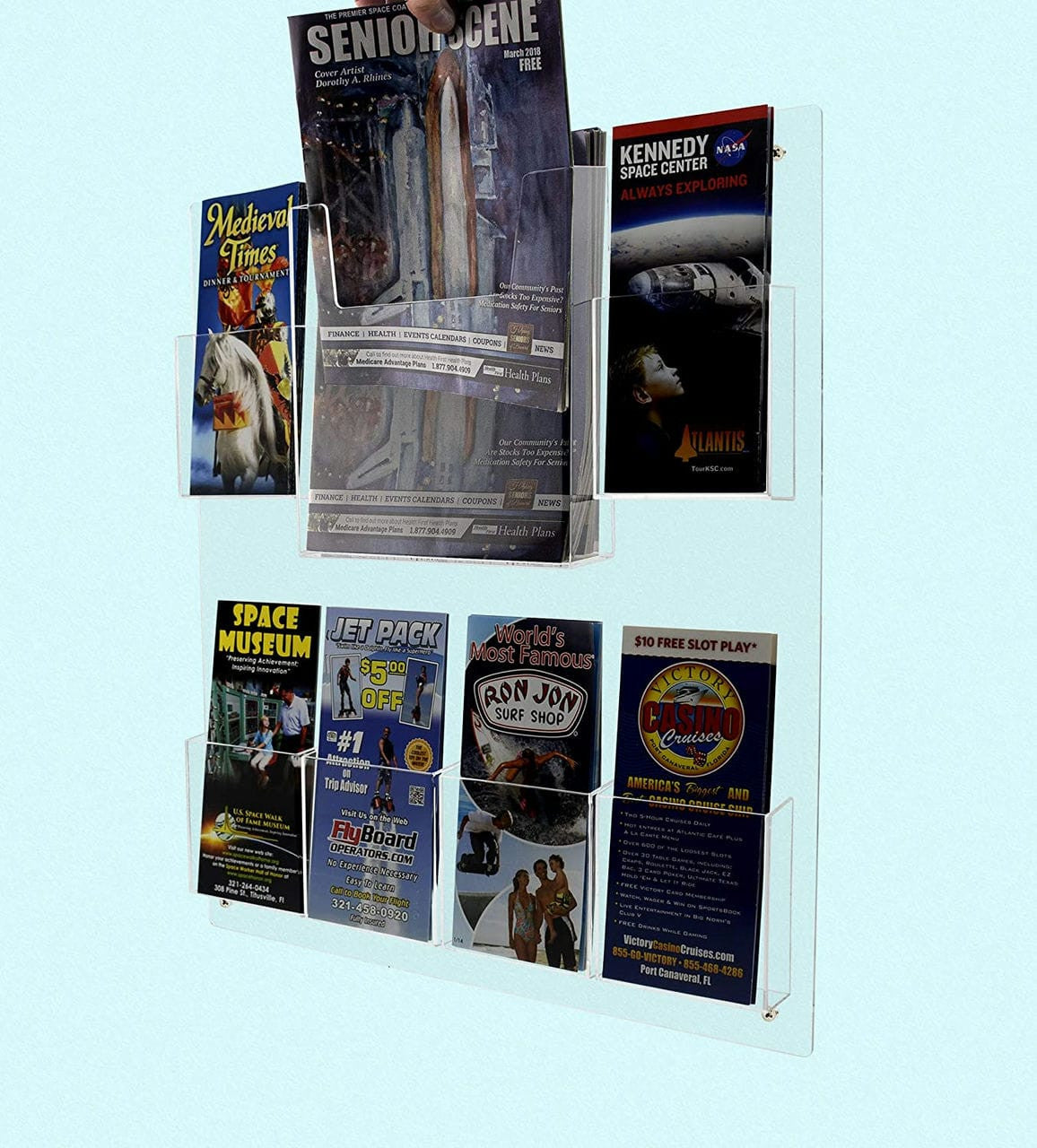 Wall 6 Pocket Brochure Rack for 4"W Trifold Literature with Catalog Holder