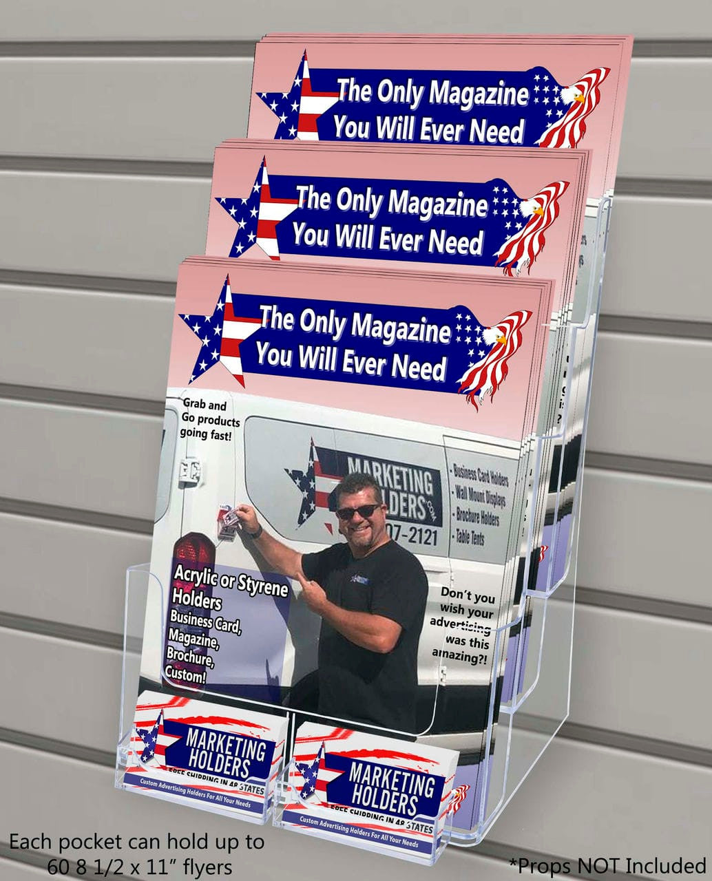 Slatwall Brochure Holder for Trifolds Flyers with 2 Card Pockets