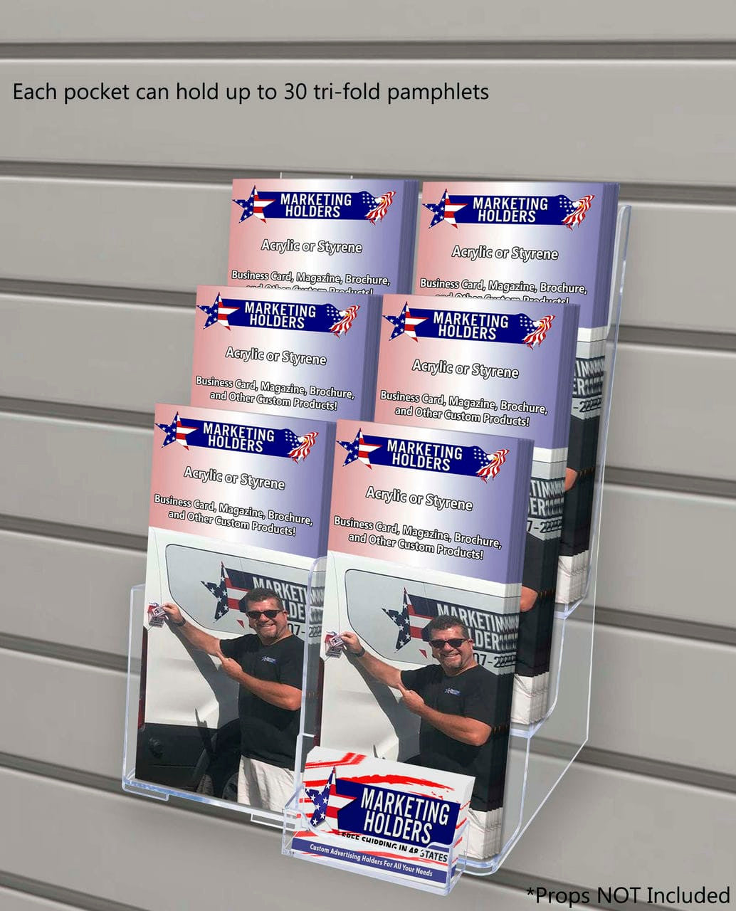 Slatwall Brochure Flyer Holder 3 Tier with Business Card Pocket