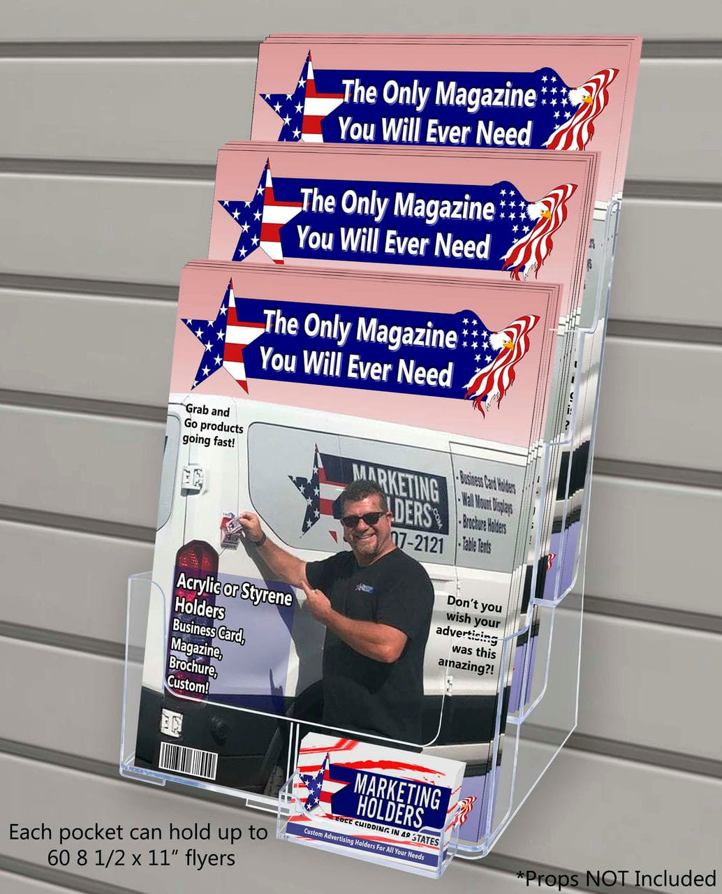 Slatwall Brochure Flyer Holder 3 Tier with Business Card Pocket