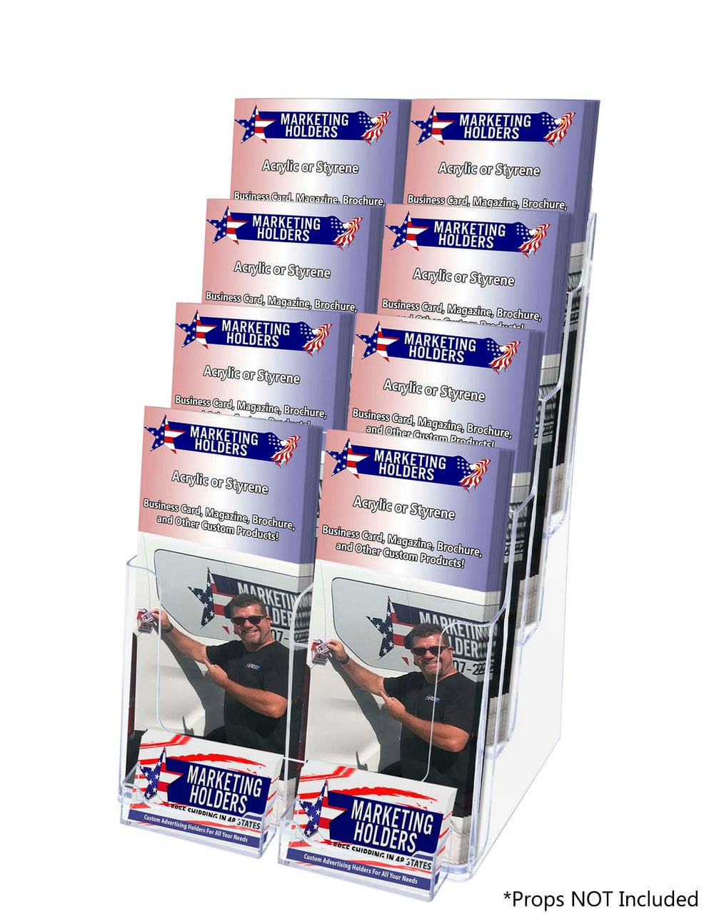 Slatwall Brochure Holder for 4"W Trifolds and 8.5" Flyers with 2 Card Slots