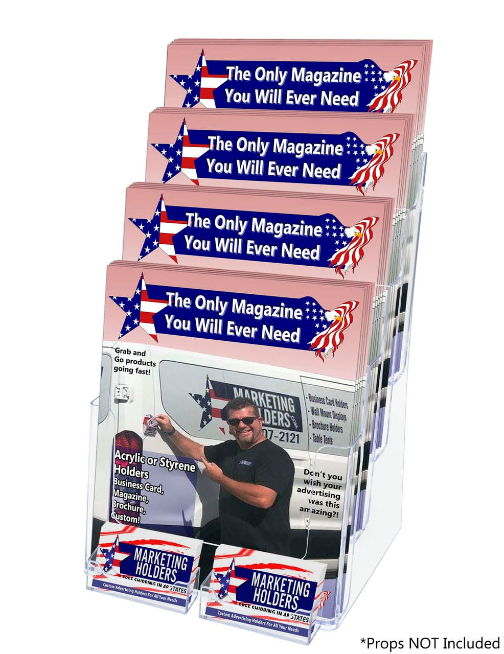 Slatwall Brochure Holder for 4"W Trifolds and 8.5" Flyers with 2 Card Slots