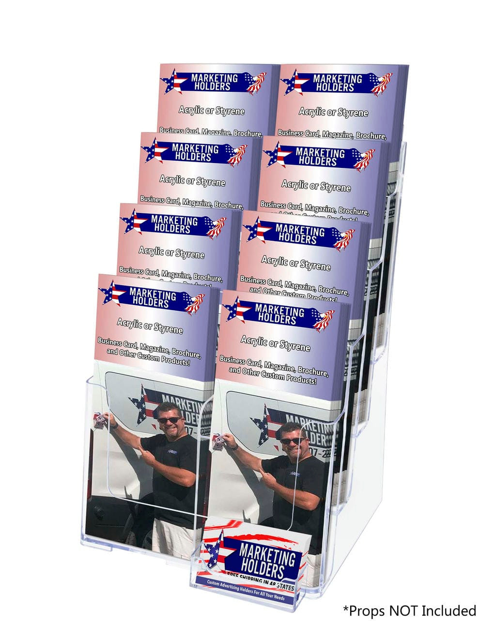 Slatwall Brochure Holder for 4"W Trifolds and 8.5" Flyers with Card Slot