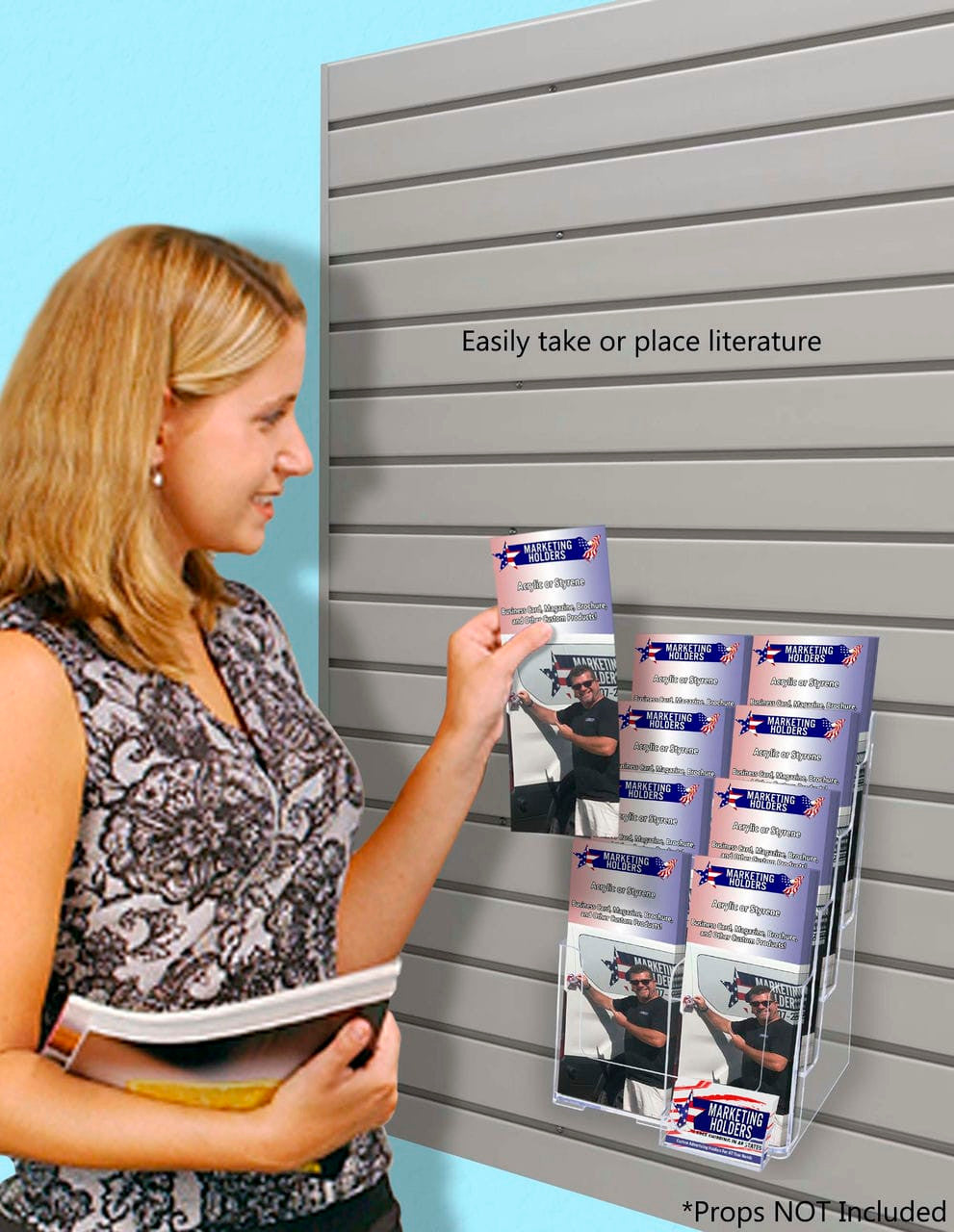 Slatwall Brochure Holder for 4"W Trifolds and 8.5" Flyers with Card Slot