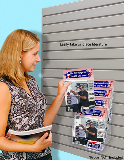 Slatwall Brochure Holder for 4"W Trifolds and 8.5" Flyers with Card Slot